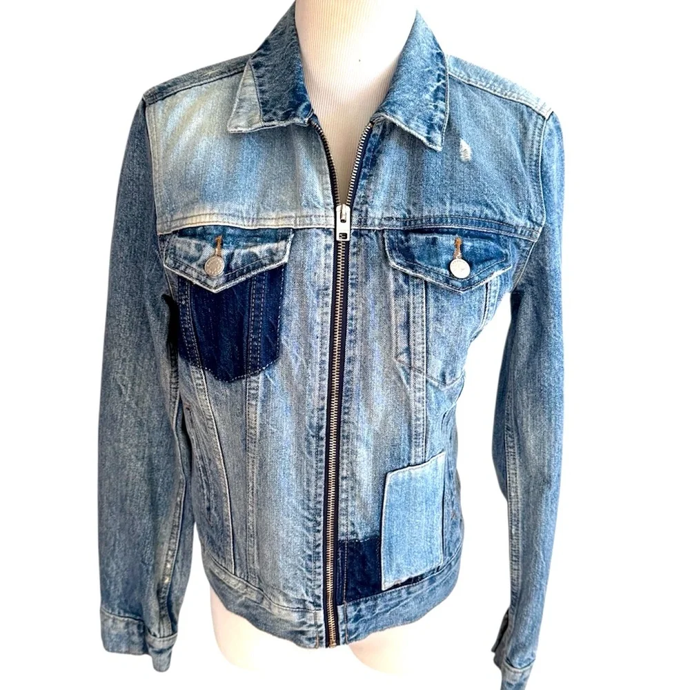 Lucky Brand Patchwork Tommy Trucker Denim Jacket Jean Jacket Zip Front Blue S